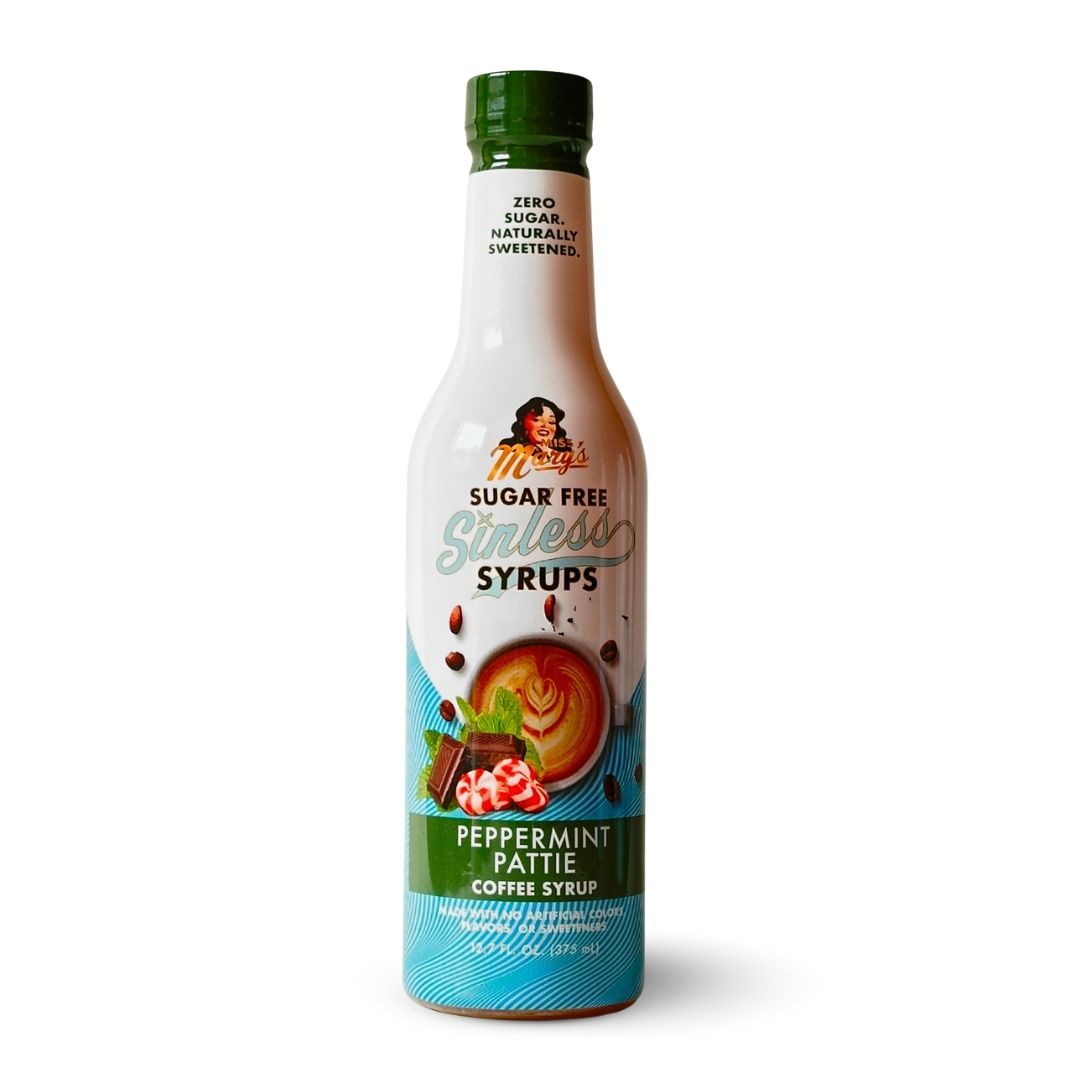 Miss Mary's Peppermint Pattie Sugar Free Sinless Syrup bottle on white background