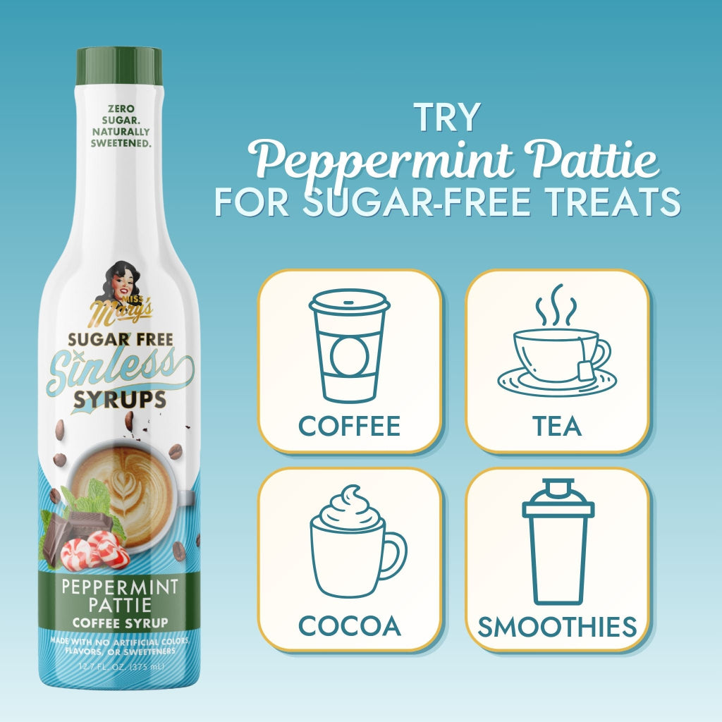 A bottle of Peppermint Pattie Sugar Free Sinless Syrup with text "try Peppermint Pattie for sugar-free treats and icons for coffee, tea, cocoa and smoothies.