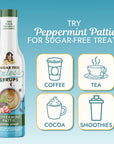 A bottle of Peppermint Pattie Sugar Free Sinless Syrup with text "try Peppermint Pattie for sugar-free treats and icons for coffee, tea, cocoa and smoothies.