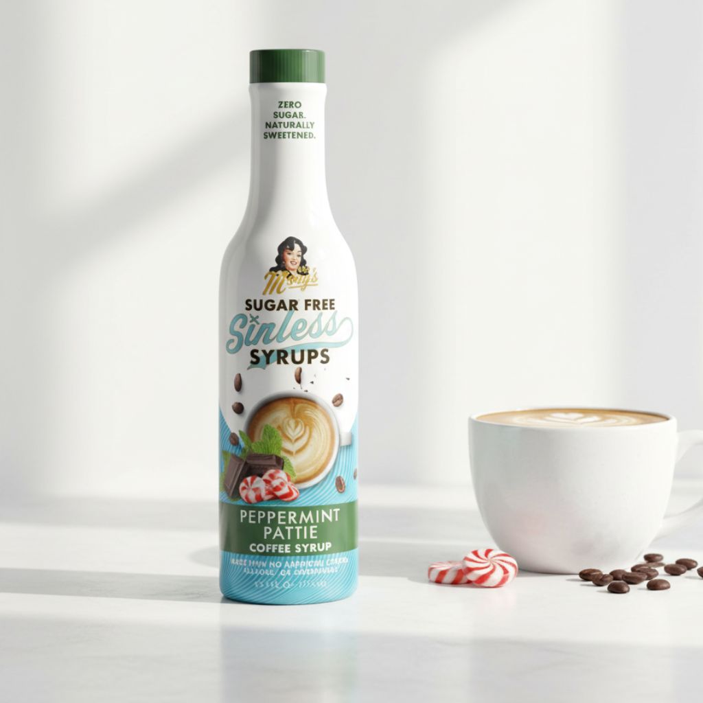Peppermint Pattie Sinless Syrup bottle and coffee cup on white background