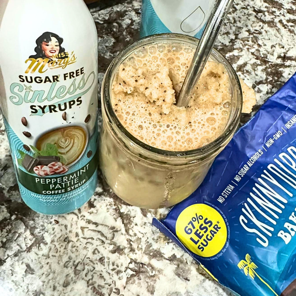 Miss Mary's sugar-free Peppermint Pattie syrup frappe on granite counter