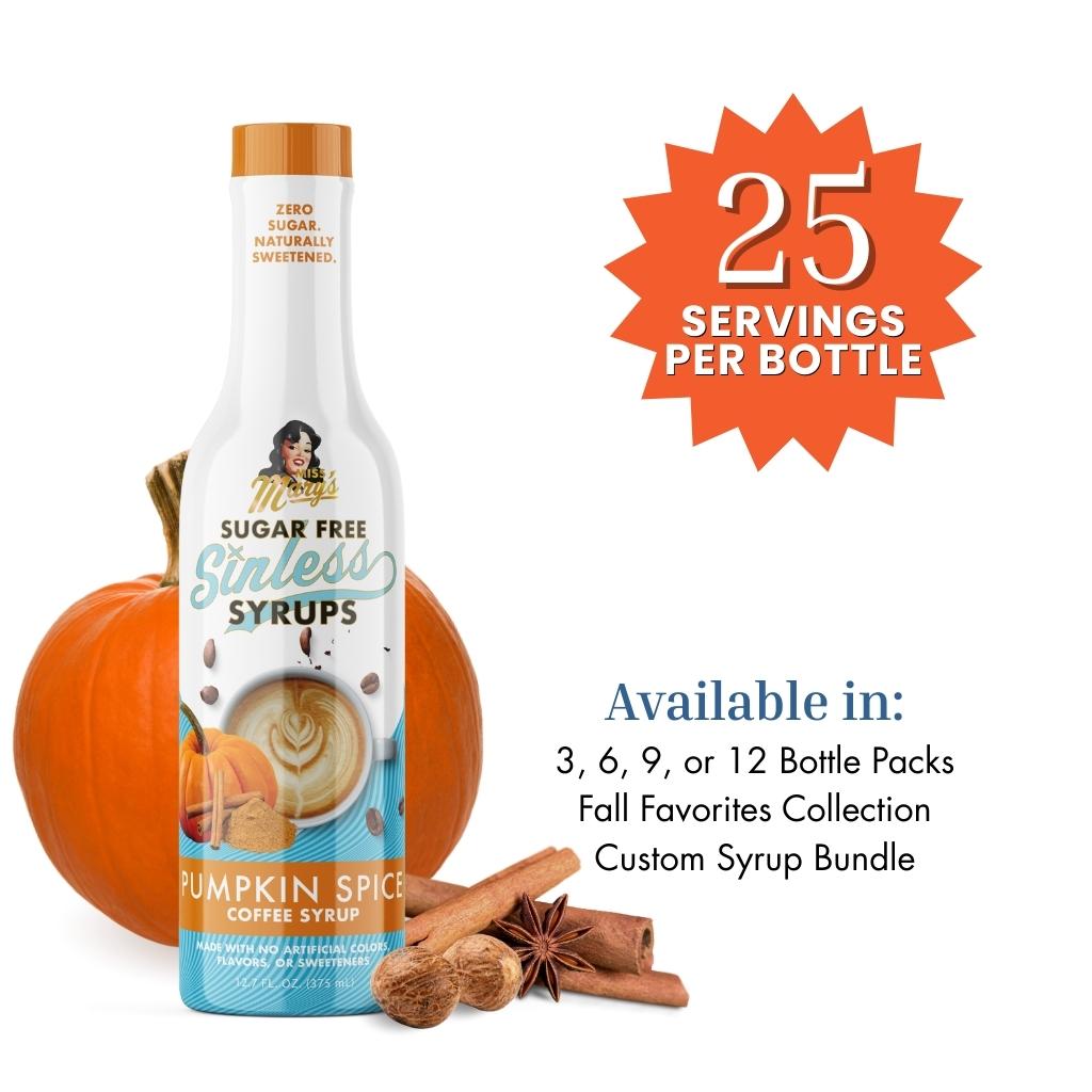 Pumpkin spice syrup bottle with pumpkins and spices plus product details on a white background