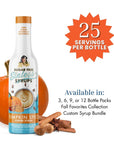 Pumpkin spice syrup bottle with pumpkins and spices plus product details on a white background