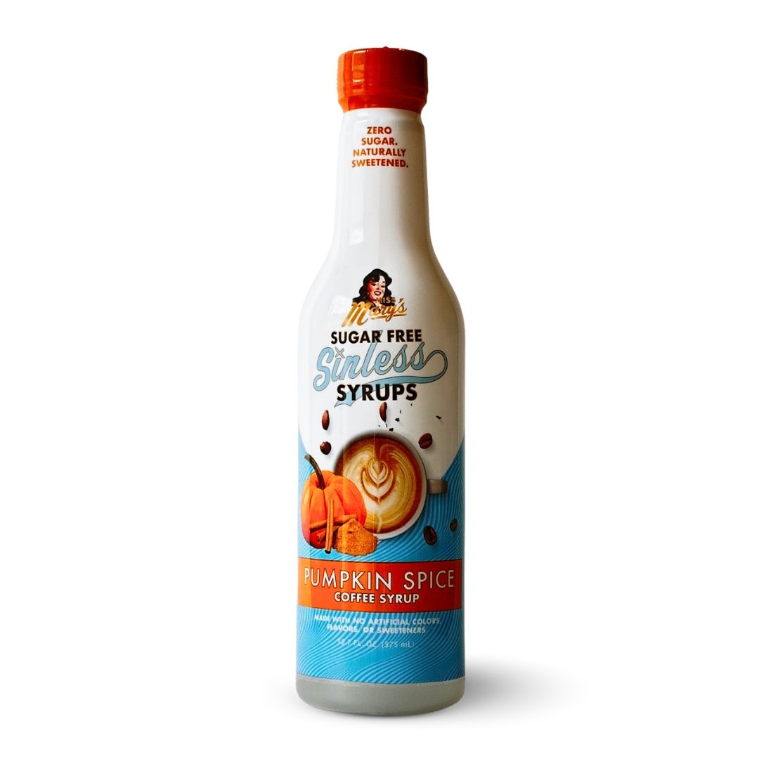 Miss Mary's Pumpkin Spice Sugar Free Sinless Syrup bottle on white background