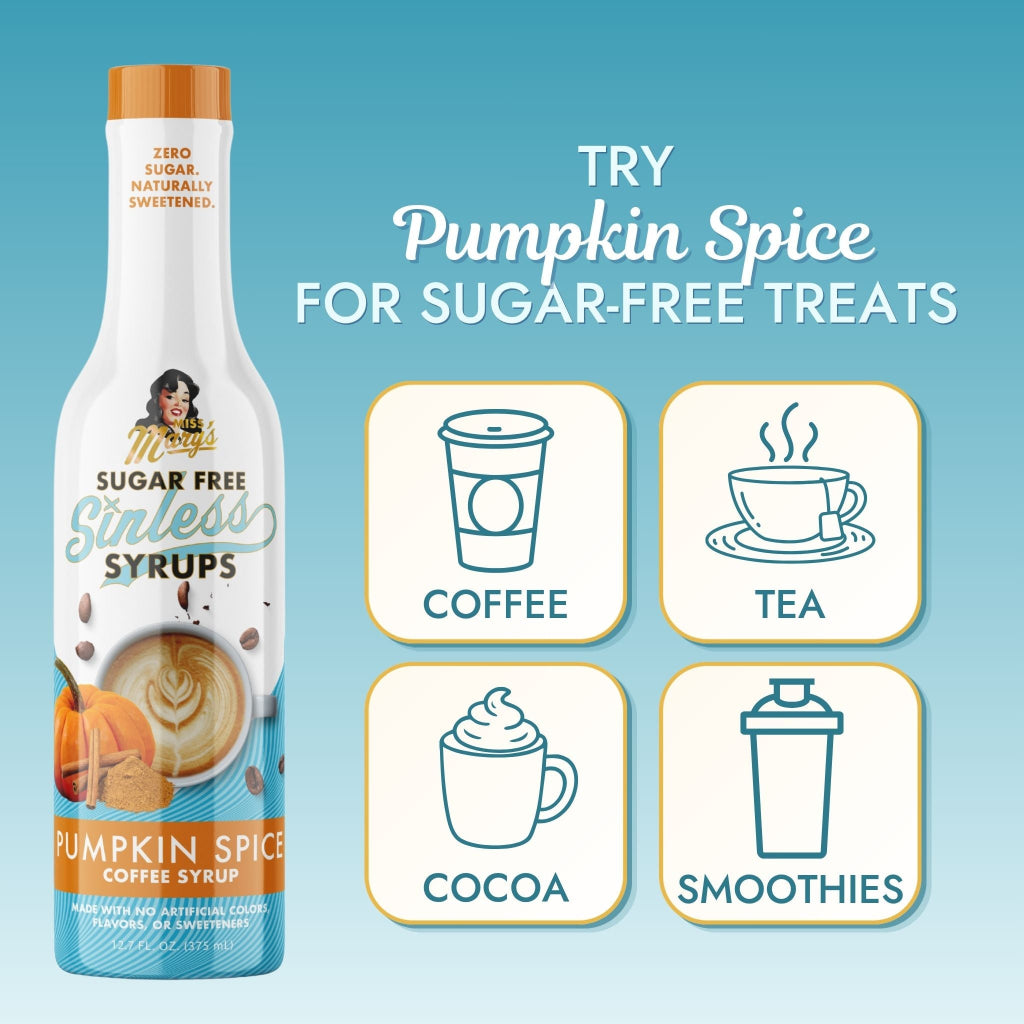 A bottle of Miss Mary's Sugar Free Sinless Syrup in Pumpkin Spice flavor on a light-blue background with text 'TRY Pumpkin Spice FOR SUGAR-FREE TREATS' and icons for Coffee, Tea, Cocoa, and Smoothies.