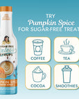 A bottle of Miss Mary's Sugar Free Sinless Syrup in Pumpkin Spice flavor on a light-blue background with text 'TRY Pumpkin Spice FOR SUGAR-FREE TREATS' and icons for Coffee, Tea, Cocoa, and Smoothies.