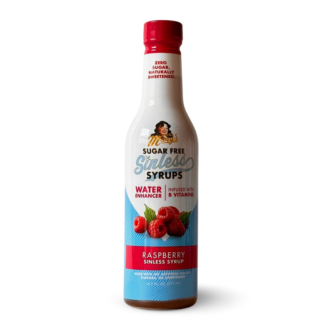 Miss Mary's Raspberry Sugar Free Sinless Syrup bottle on white background