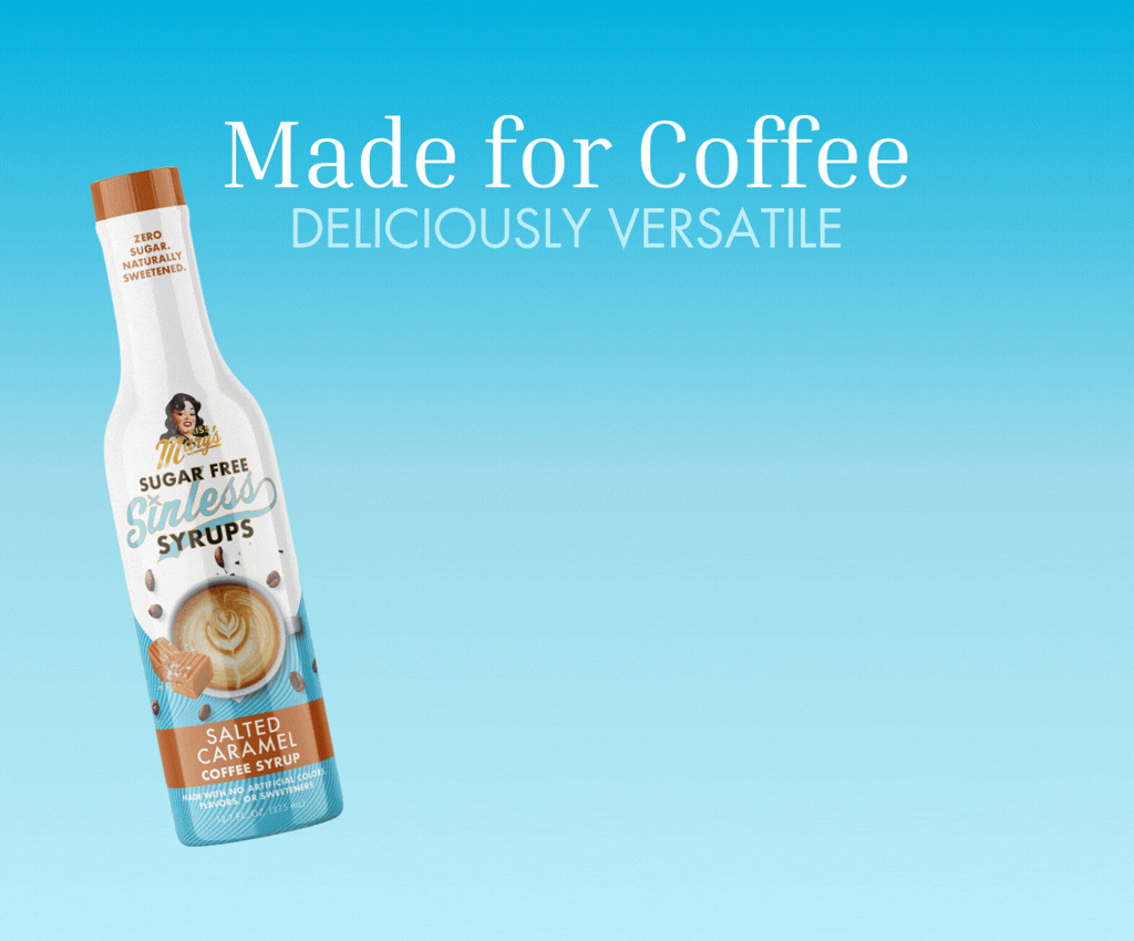 animaged gif showing uses for sugar free Sinless Syrups on blue background