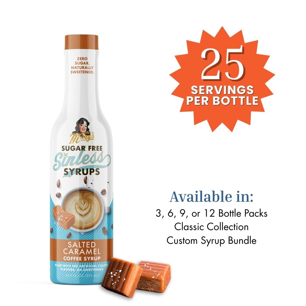 Sugar-free salted caramel syrup bottle product detail on a white background