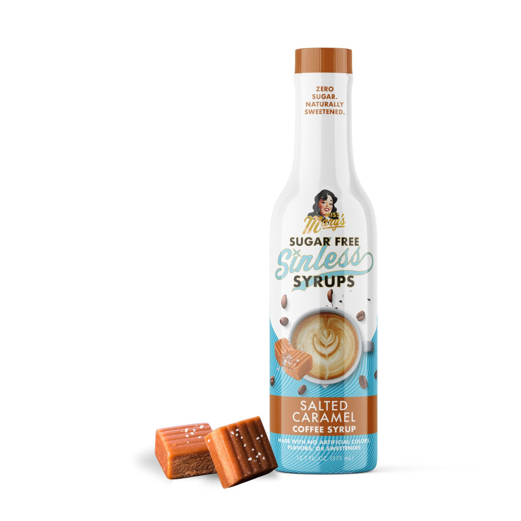 Sugar Free Sinless Syrups salted caramel coffee syrup bottle with two caramels on a white background