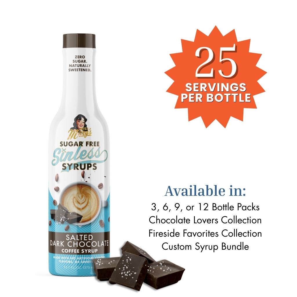 Sugar-free syrup bottle with chocolate pieces and product details on a white background