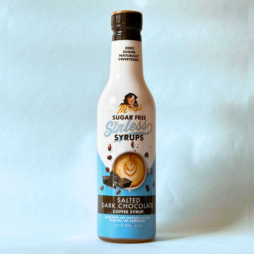 Miss Mary's Salted Dark Chocolate Sugar Free Sinless Syrup bottle on blue background