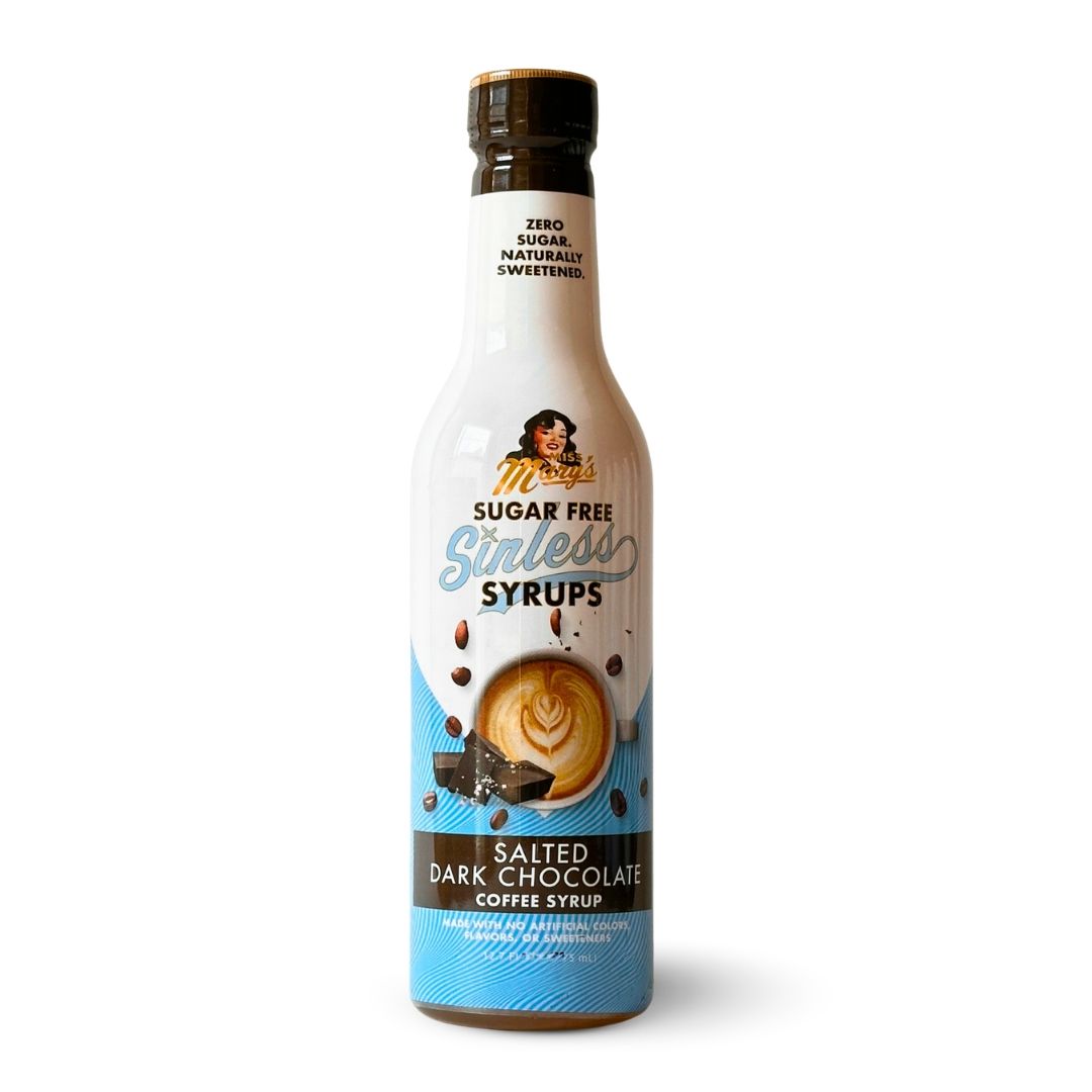Miss Mary's Salted Dark Chocolate Sugar Free Sinless Syrup bottle on white background