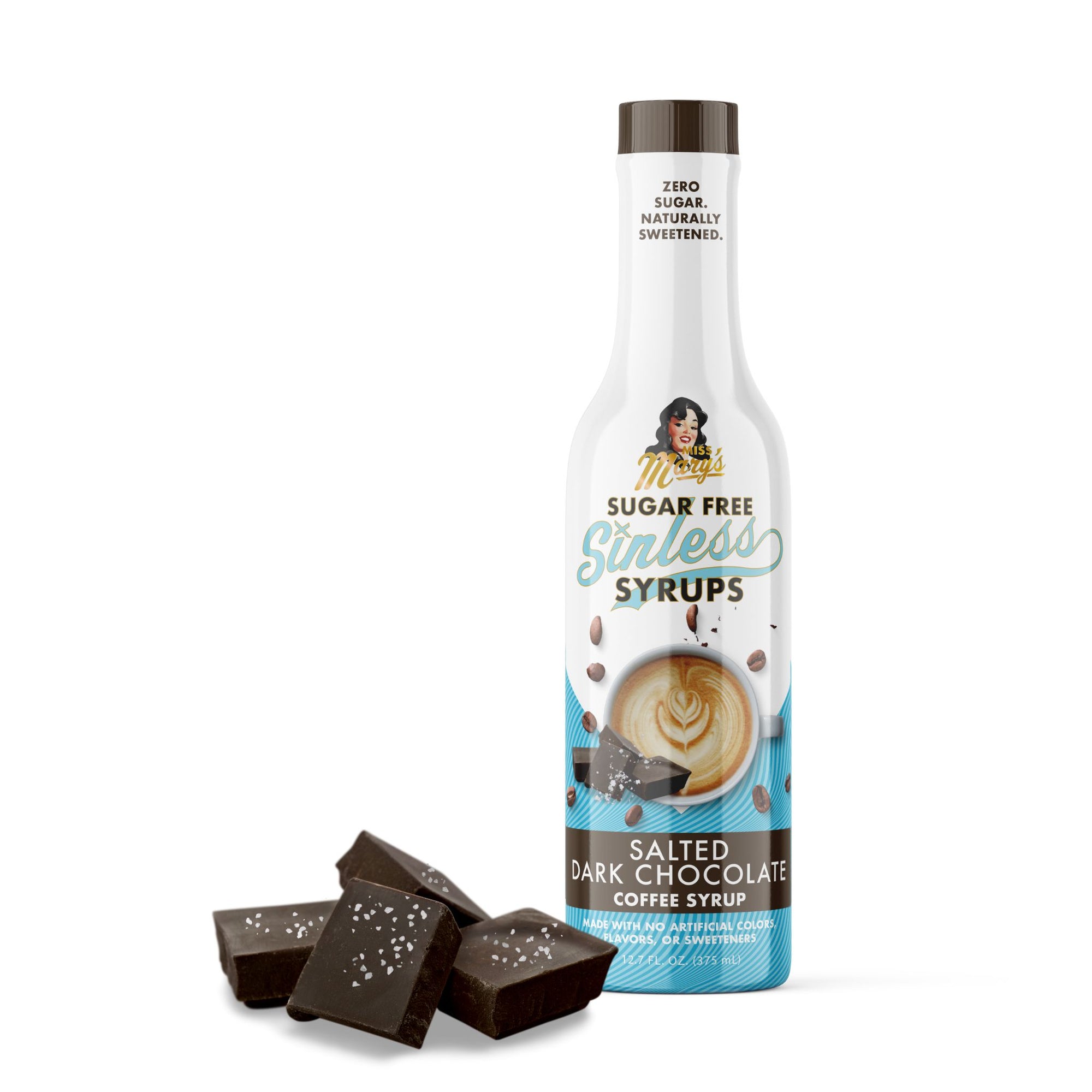 Bottle of Sugar Free Sinless Syrups Salted Dark Chocolate Coffee Syrup with chocolate pieces on a white background