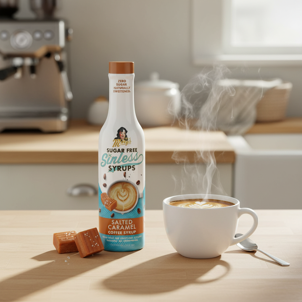 Sugar-free syrup bottle with a steaming cup of coffee on a kitchen counter