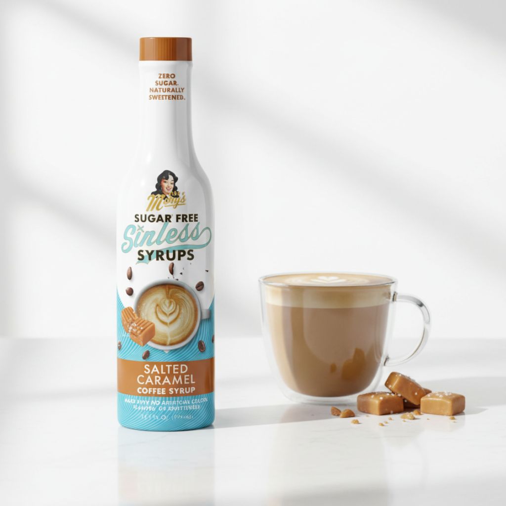 sugar free Salted Caramel Sinless Syrup bottle and coffee on white background