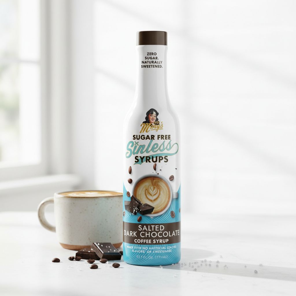 Salted Dark Chocolate Sinless Syrup bottle and chocolate pieces on white background