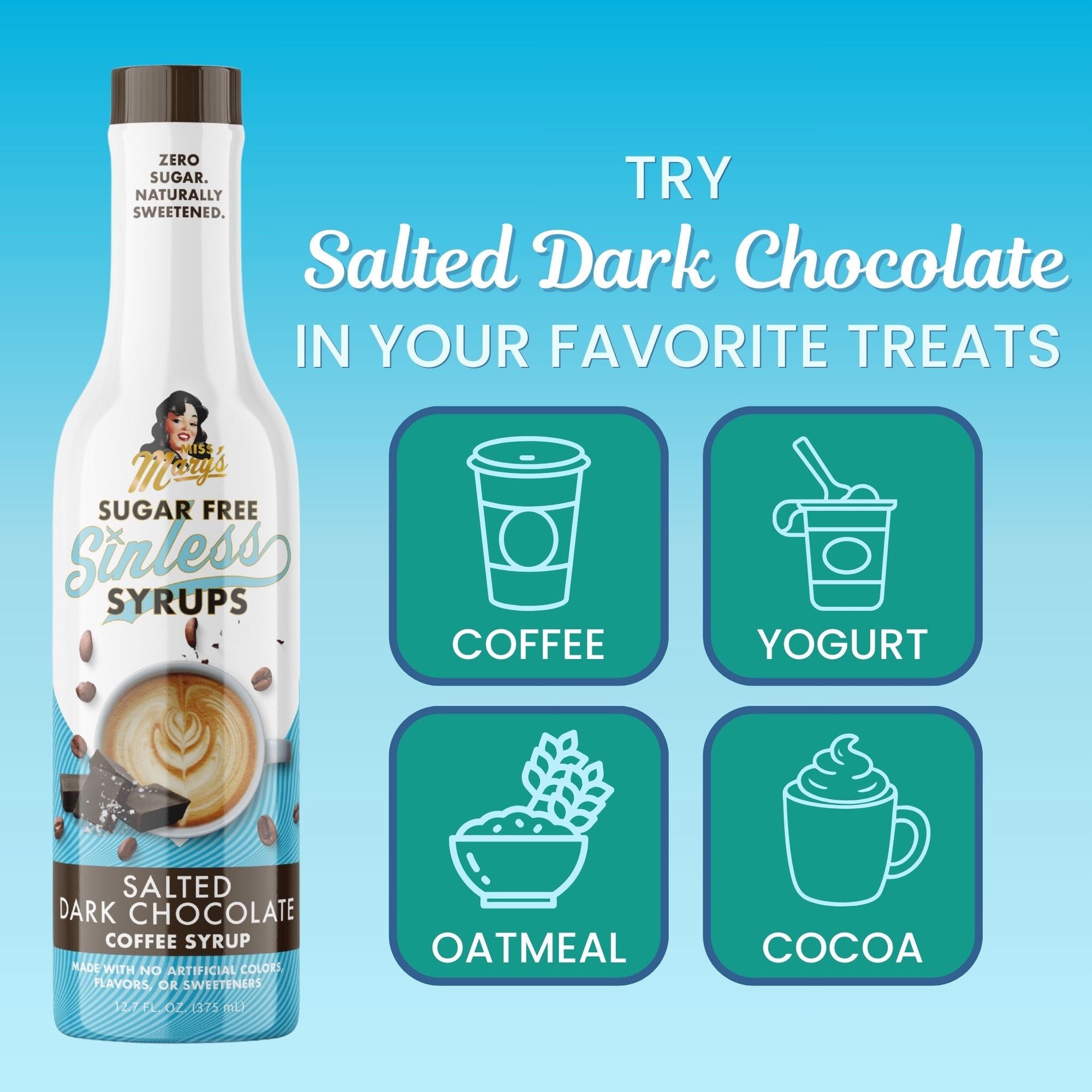 Sugar-free syrup bottle with usage suggestions on a blue background