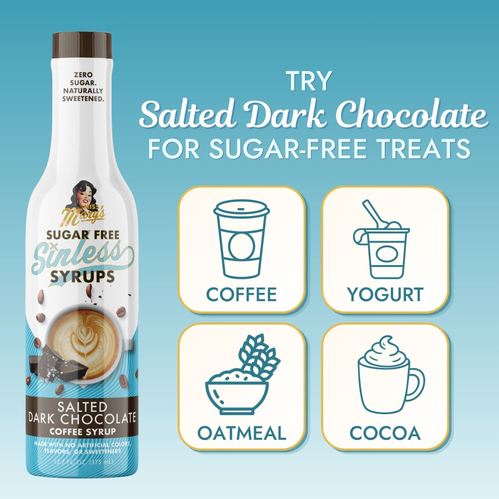A bottle of sugar free Salted Dark Chocolate Sinless Syrup with text "Try Salted Dark Chocolate for sugar-free treats" and icons for coffee, yogurt, oatmeal, and cocoa.