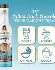 A bottle of sugar free Salted Dark Chocolate Sinless Syrup with text "Try Salted Dark Chocolate for sugar-free treats" and icons for coffee, yogurt, oatmeal, and cocoa.