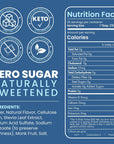Nutrition label for Salted Sinless Syrups with zero sugar and naturally sweetened ingredients on a blue background.