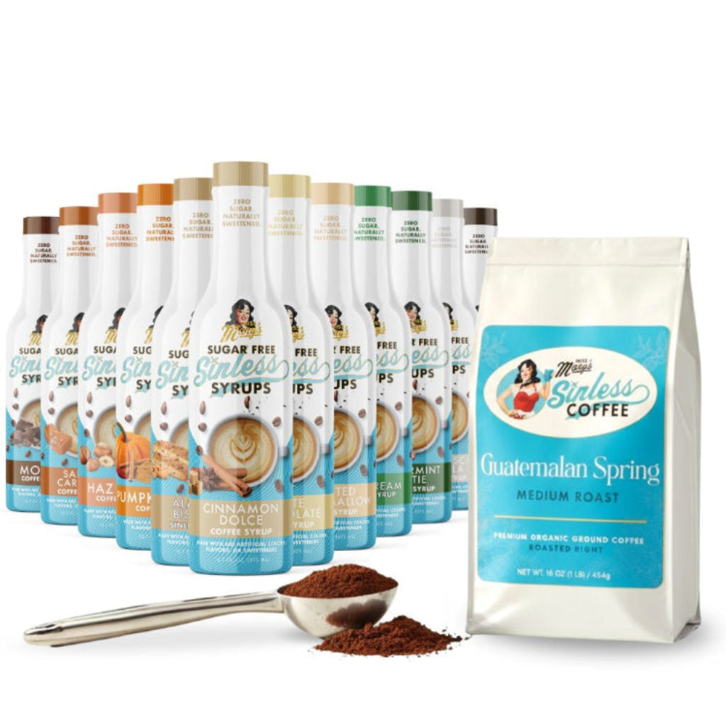 Collection of sugar-free syrup bottles and a bag of Guatemalan Spring coffee on a white background