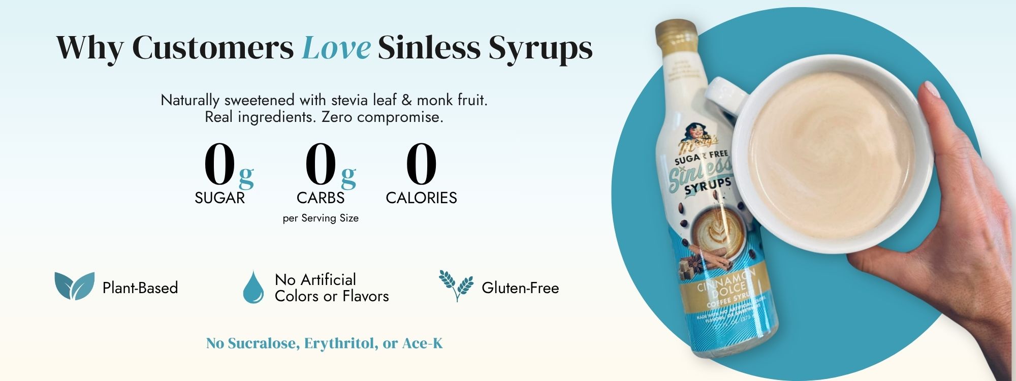 graphic showing Sinless Syrups bottle with hand holding coffee cup. Text highlights benefits like 0g sugar, 0g carbs, 0g calories, plant-based, no artificial colors, and gluten-free.