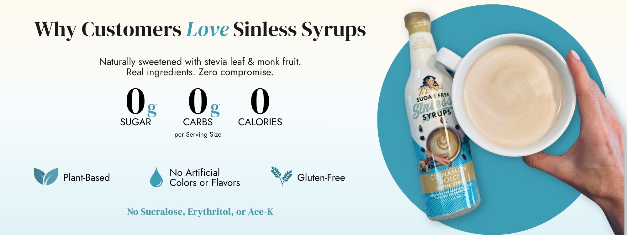 graphic showing Sinless Syrups bottle with hand holding coffee cup. Text highlights benefits like 0g sugar, 0g carbs, 0g calories, plant-based, no artificial colors, and gluten-free.
