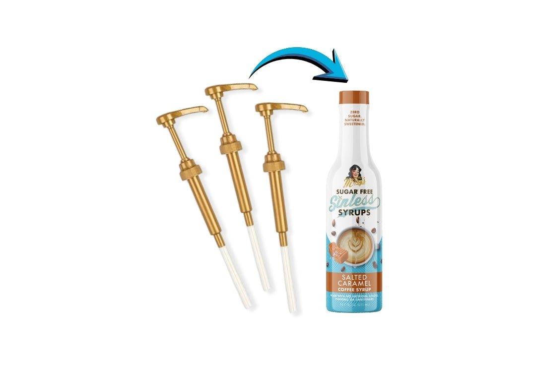 Bottle of sugar-free caramel syrup with gold pumps on a white background