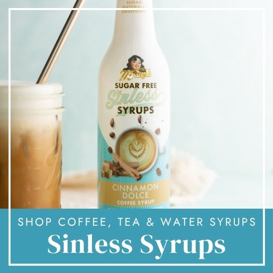 Cinnamon Dolce Sinless Syrup and iced coffee on blue background