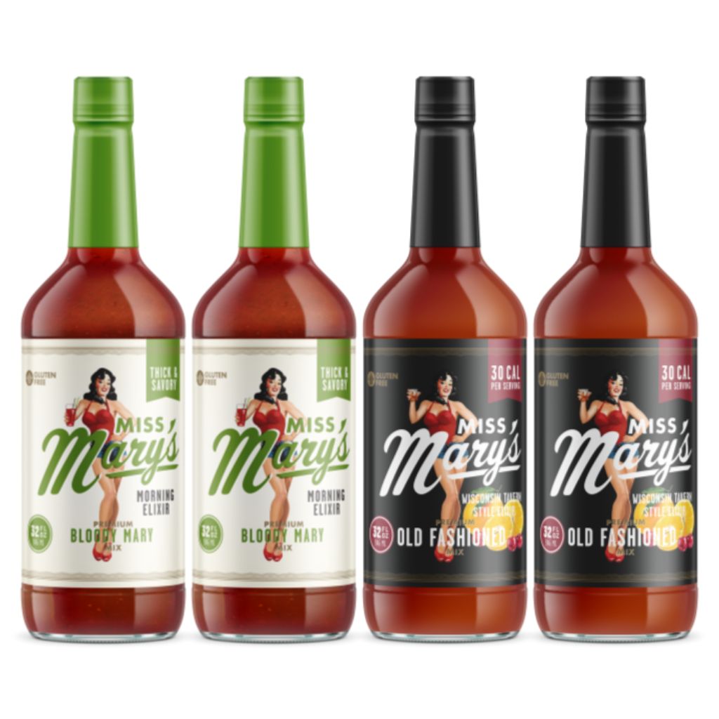 Four cocktail mix bottles from Miss Mary's Tailgate Collection on white background