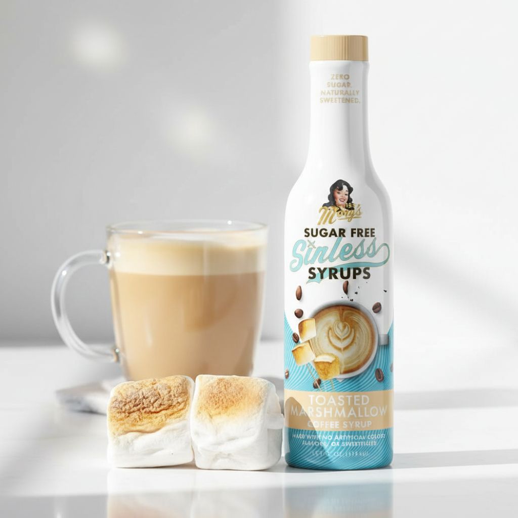 Toasted Marshmallow Sinless sugar free coffee Syrup bottle and marshmallows on white background