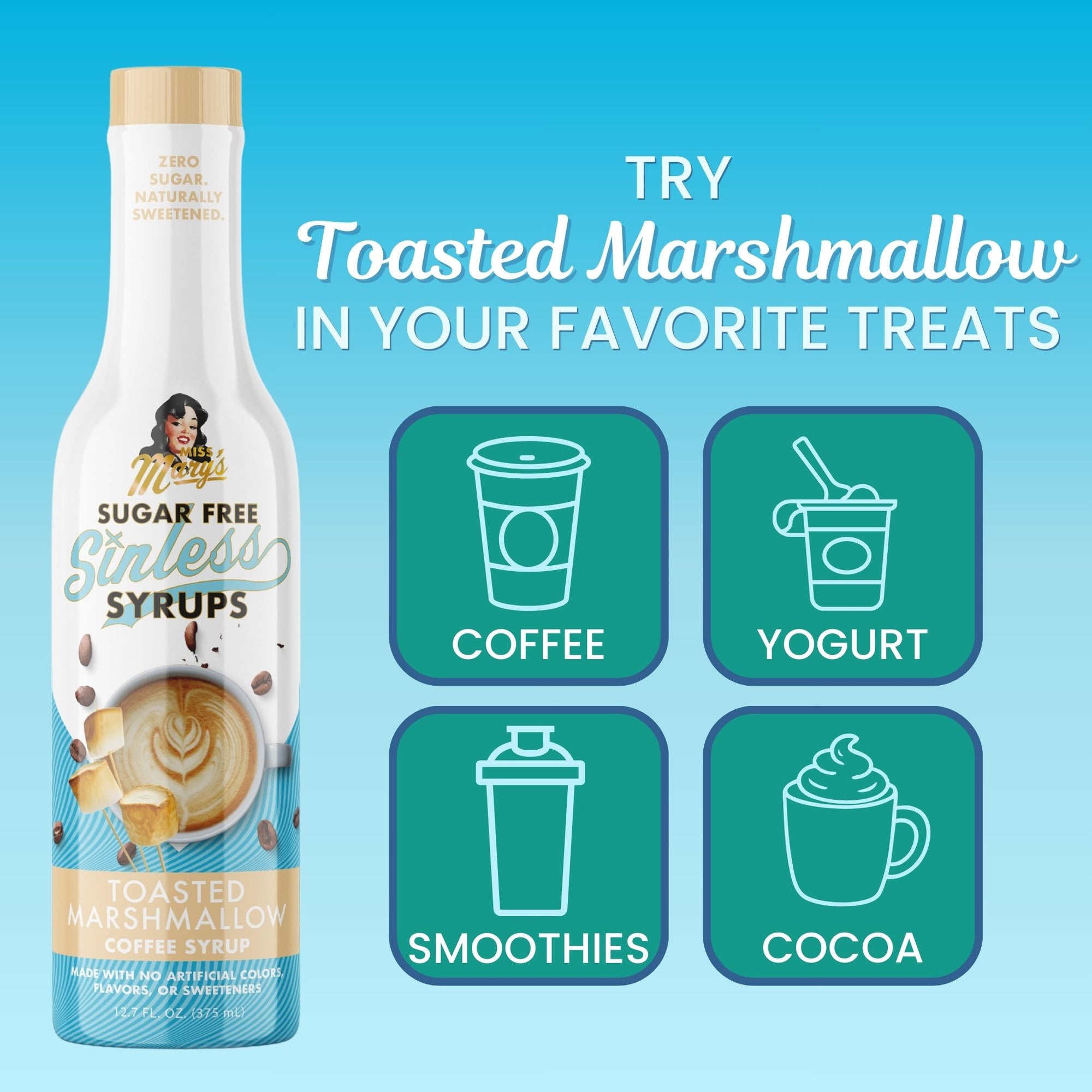 Sugar-free syrup bottle with toasted marshmallow flavor on a blue background, featuring icons for coffee, yogurt, smoothies, and cocoa.