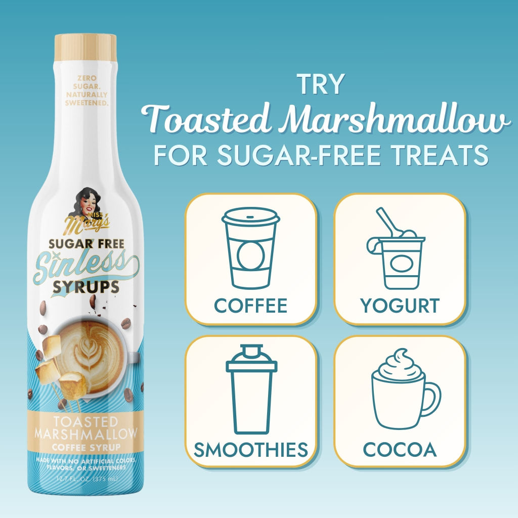 A bottle of Miss Mary's Sugar Free Toasted Marshmallow Sinless Syrups, on a light blue background with promotional text and four icons for coffee, yogurt, smoothies, and cocoa.
