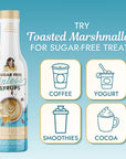 A bottle of Miss Mary's Sugar Free Toasted Marshmallow Sinless Syrups, on a light blue background with promotional text and four icons for coffee, yogurt, smoothies, and cocoa.