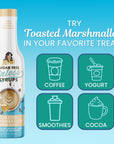 Sugar-free syrup bottle with toasted marshmallow flavor on a blue background, featuring icons for coffee, yogurt, smoothies, and cocoa.