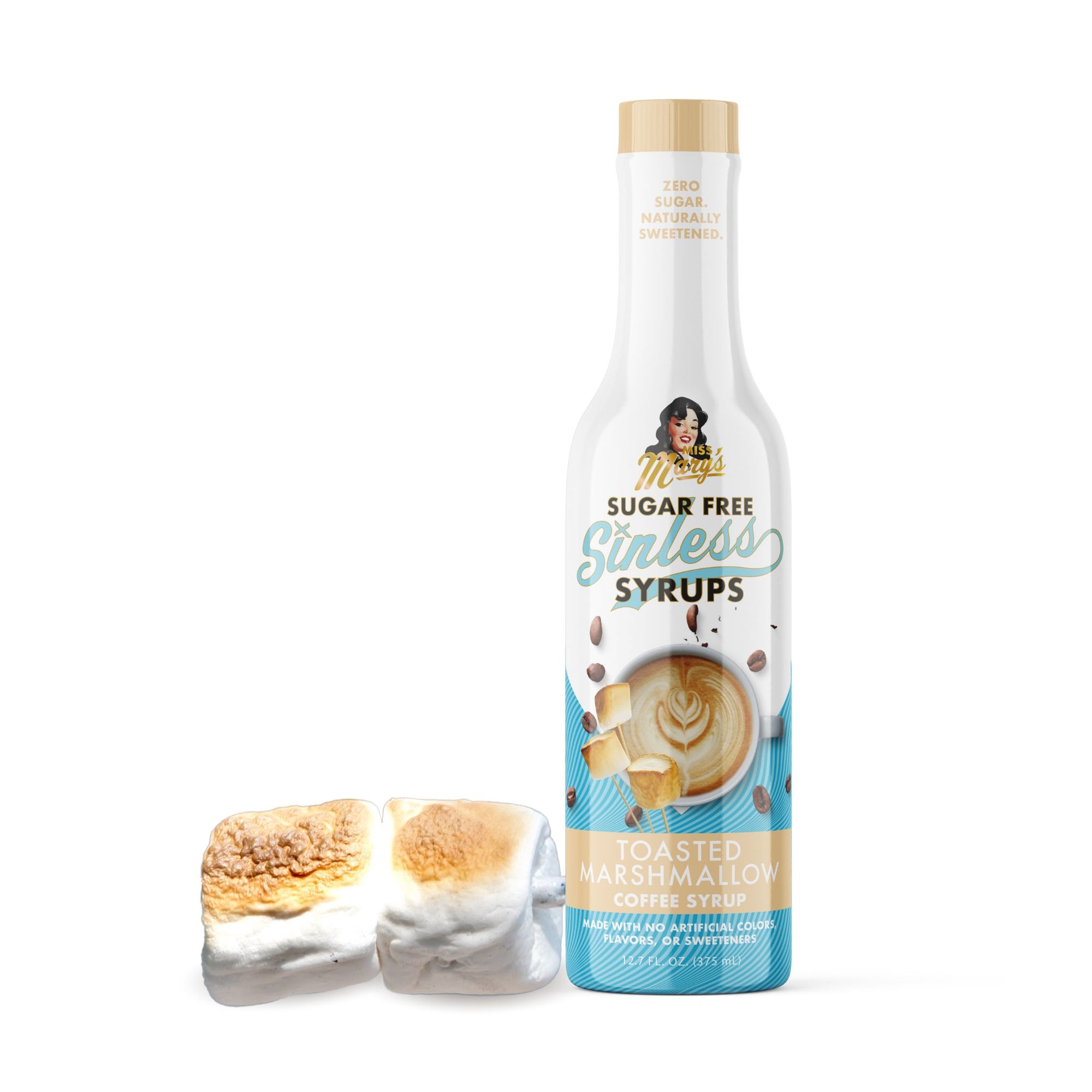 Sugar-free Sinless coffee syrup bottle with toasted marshmallow on a white background