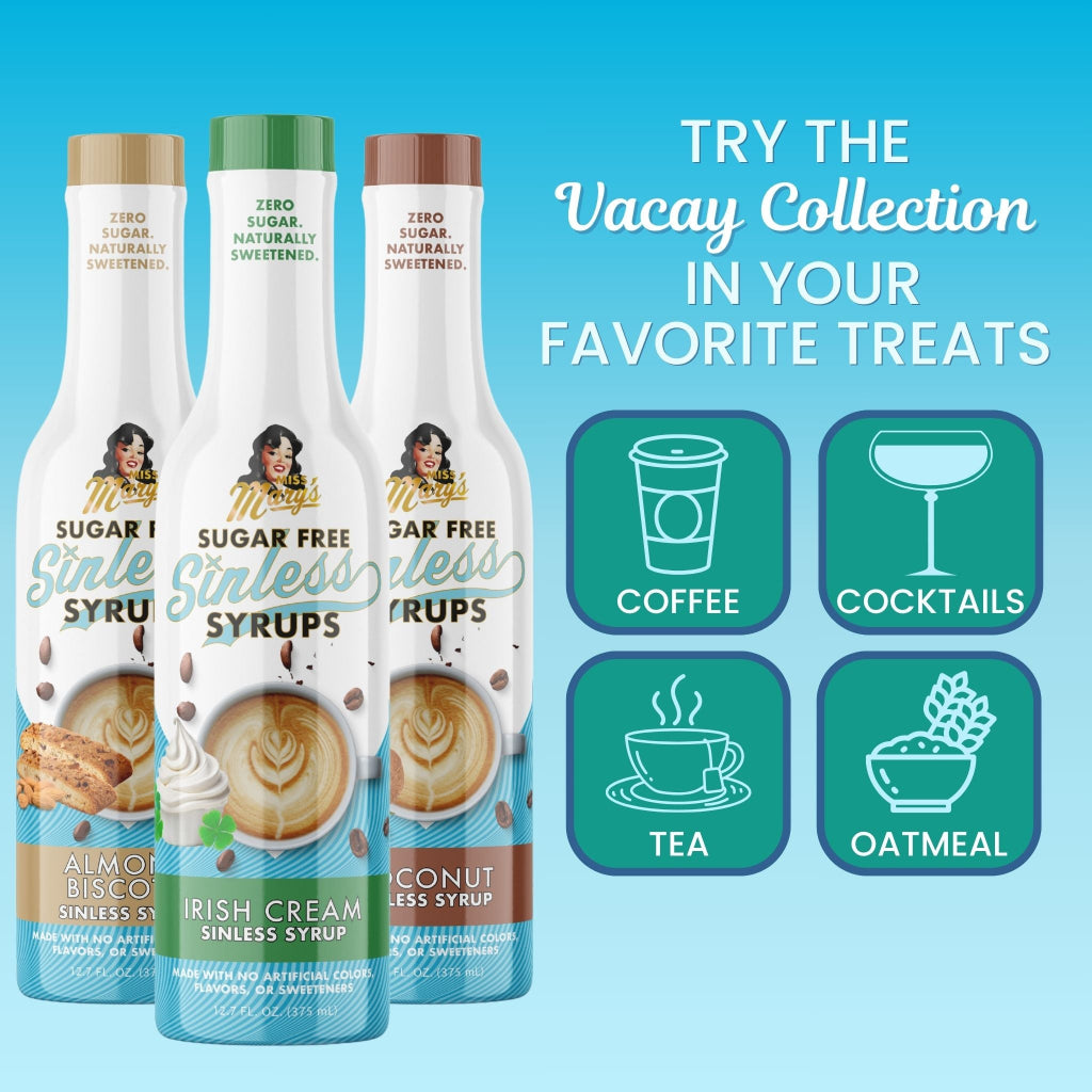 Three bottles of sugar-free syrups with a promotional text for the Vacay Collection on a blue background.
