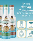Miss Mary's Sugar-free Irish Cream, Almond Biscotti, and Coconut coffee syrups with text  'TRY the Vacay Collection FOR SUGAR-FREE TREATS' and graphics for Coffee, Cocktails, Tea, and Oatmeal against a blue background.