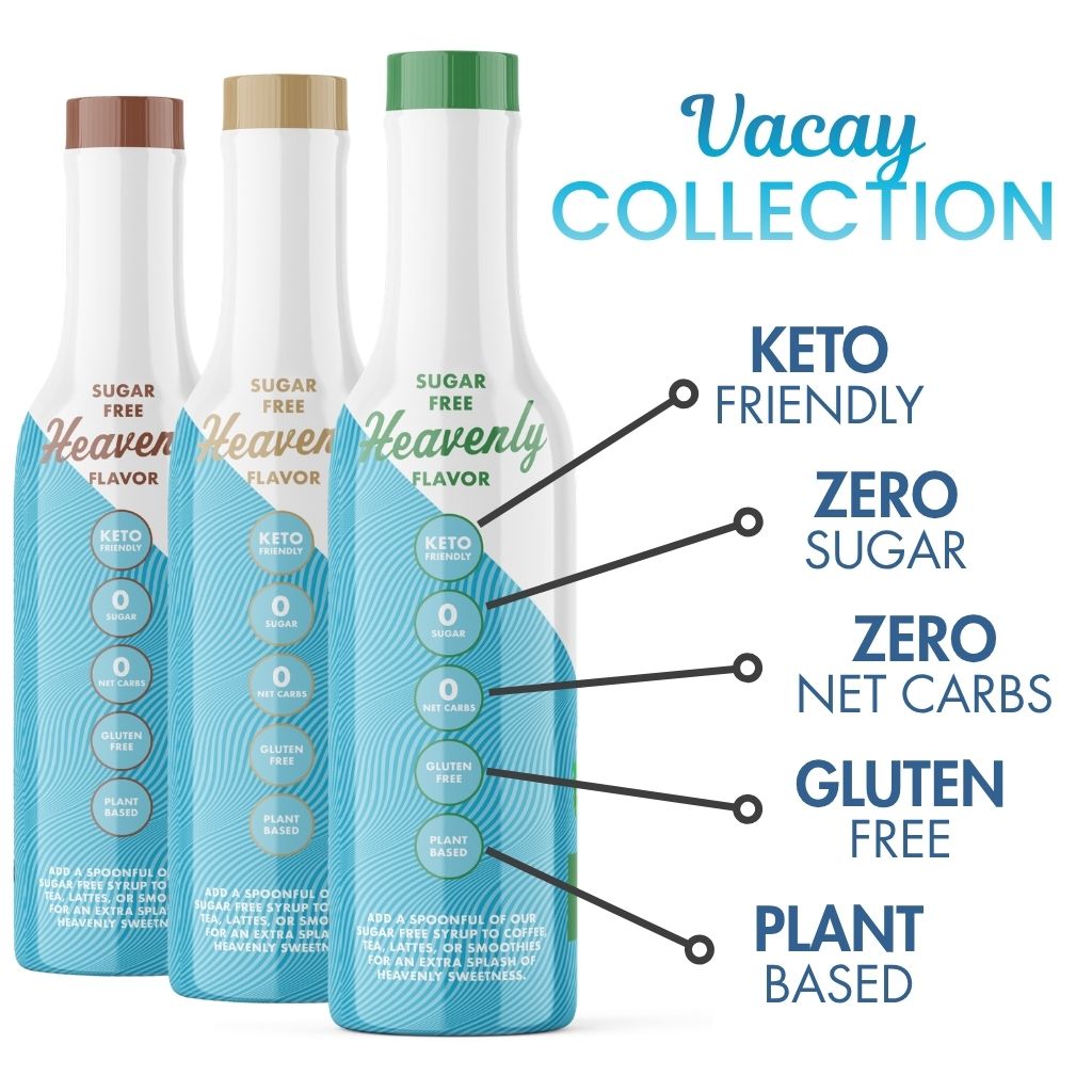 Three bottles of sugar-free coffee syrups with 'Vacay Collection' branding plus keto-friendly, gluten-free, and plant-based attributes.