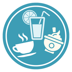 beverage and snack icons on blue circle background