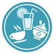 beverage and snack icons on blue circle background