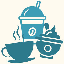 blue coffee tea and yogurt graphics on cream background