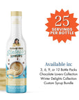 Sugar-free white chocolate syrup bottle with product details on a white background
