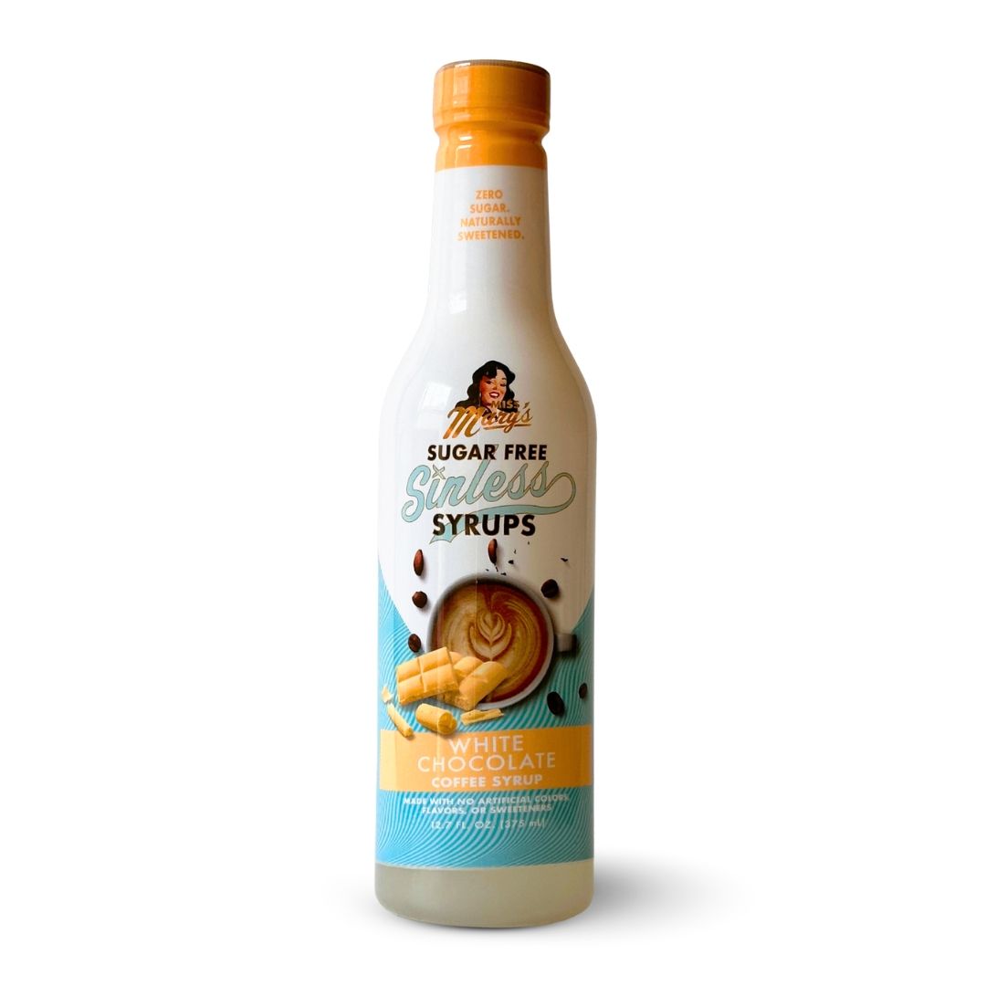 Miss Mary's White Chocolate Sugar Free Sinless Syrup bottle on white background