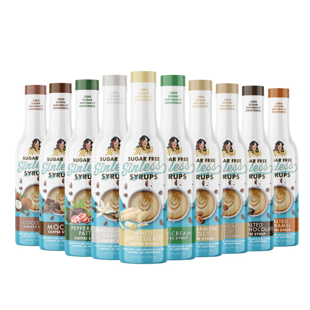 White Chocolate syrup in row of  various Sinless Syrup flavors on a white background