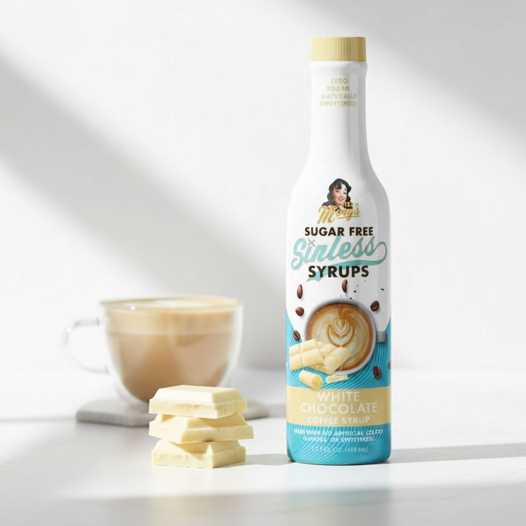 White Chocolate sugarfree Sinless Syrup Bottle with white chocolate pieces on white background
