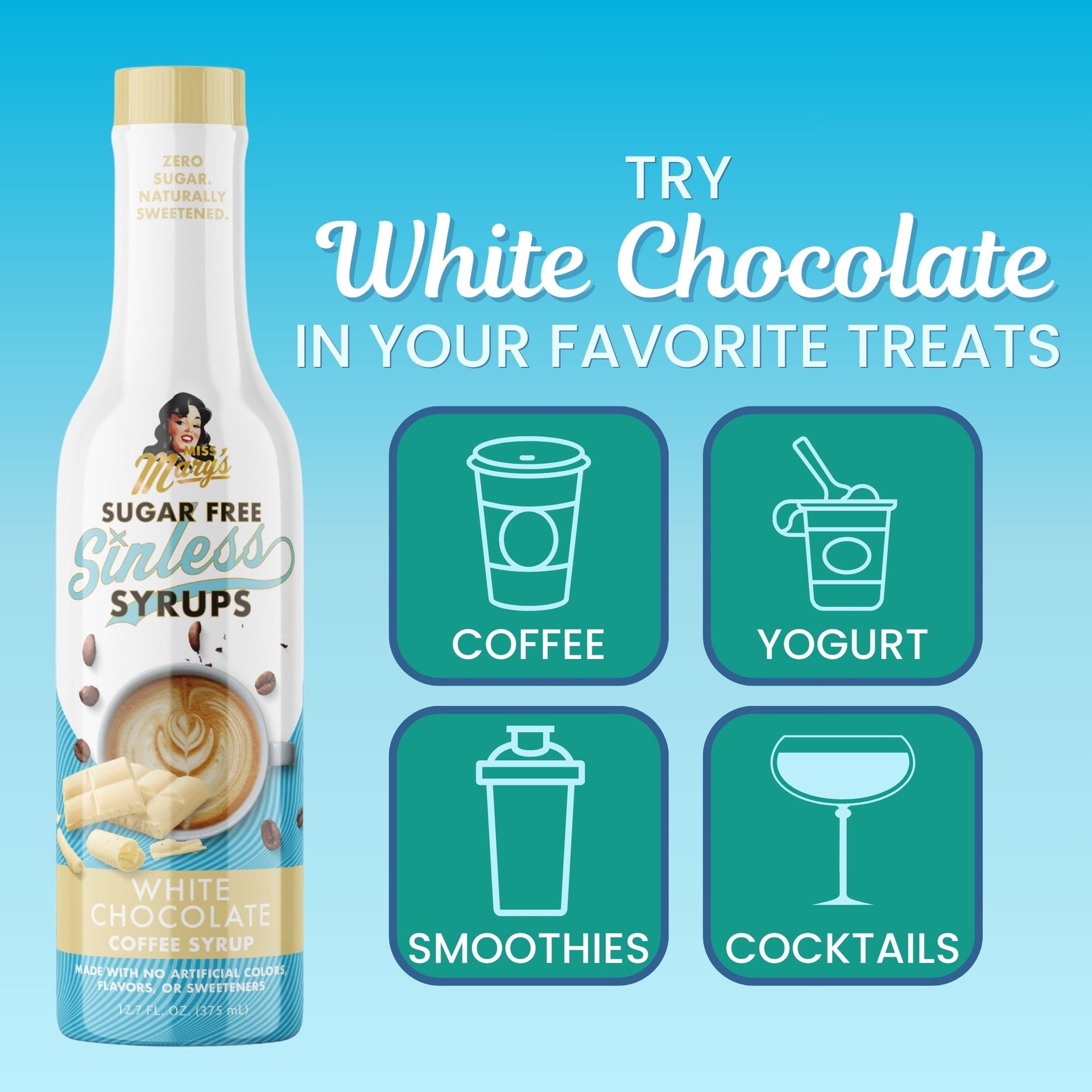 Sugar-free white chocolate syrup bottle with usage suggestions on a blue background