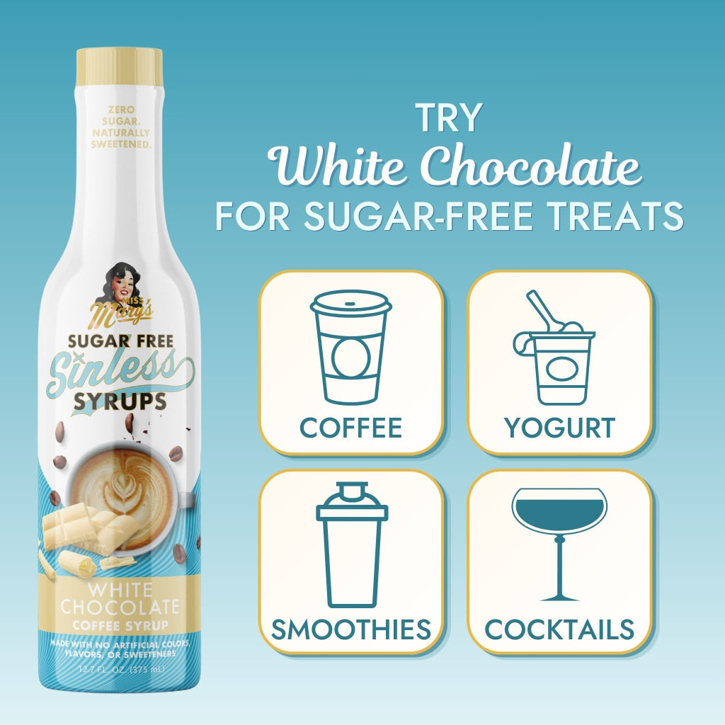 A bottle of White Chocolate Sugar Free Sinless Syrup with text "Try White Chocolate for Sugar-Free Treats" and icons for coffee, yogurt, smoothies, and cocktails on blue background.