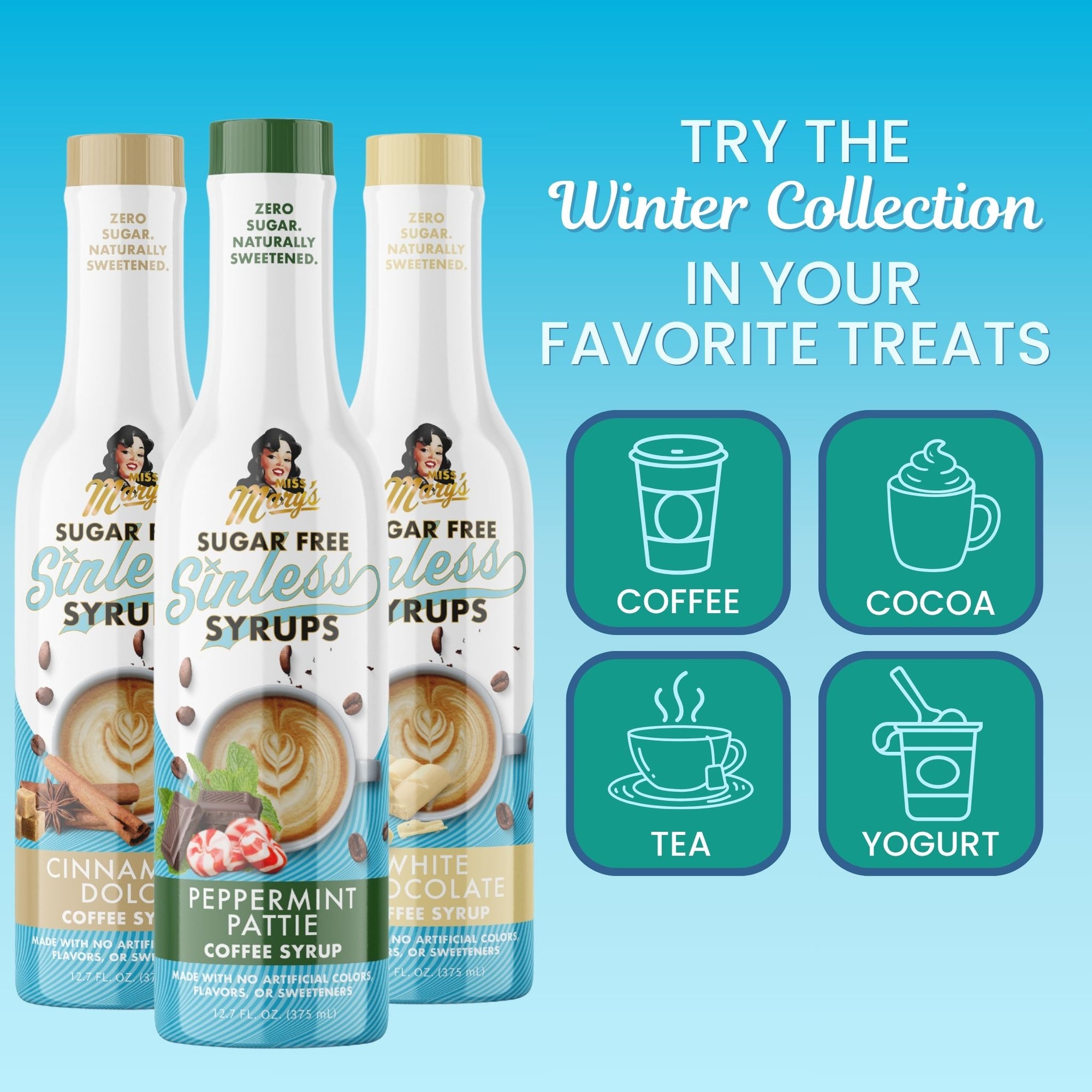 Three bottles of sugar-free syrups with a promotional text for the winter collection on a blue background.